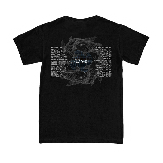 Black t-shirt with white graphic design and text on a white background