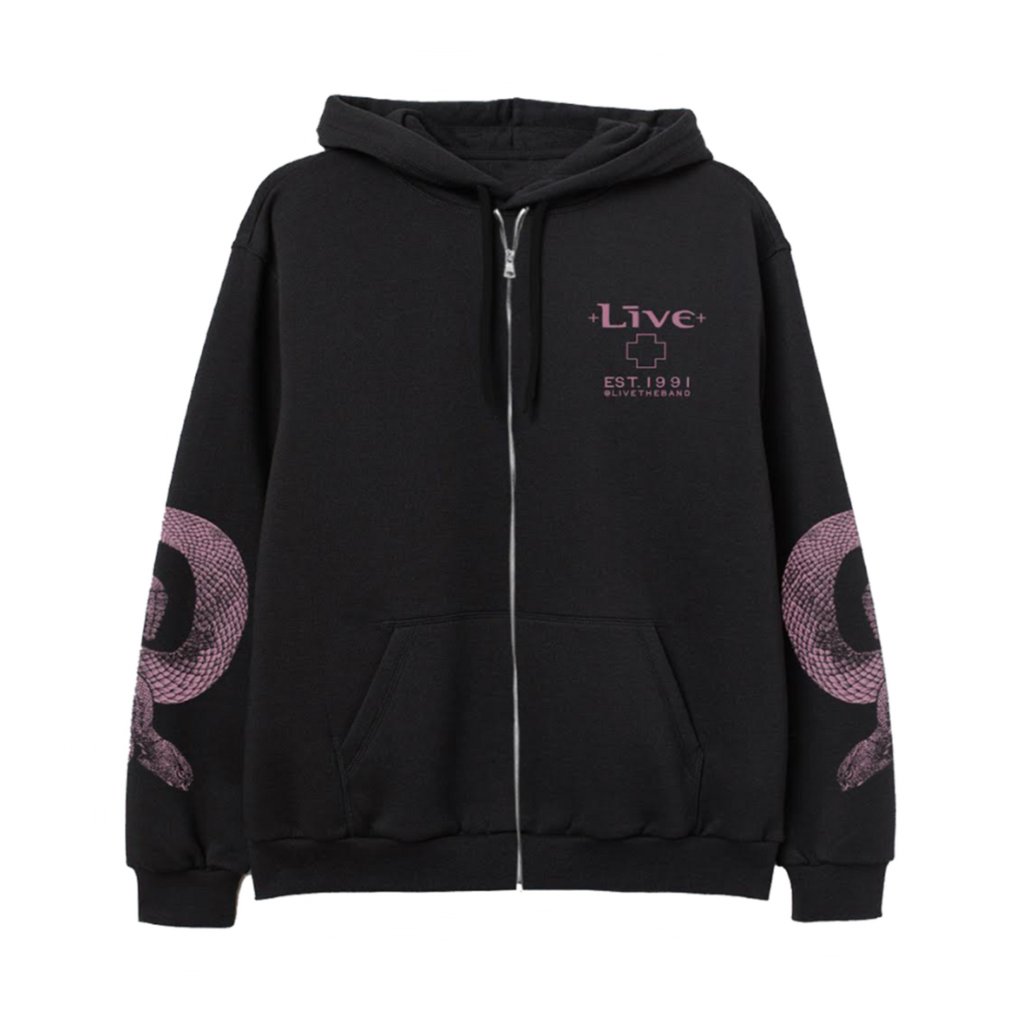 Black hoodie with pink designs on sleeves and text on chest against a white background