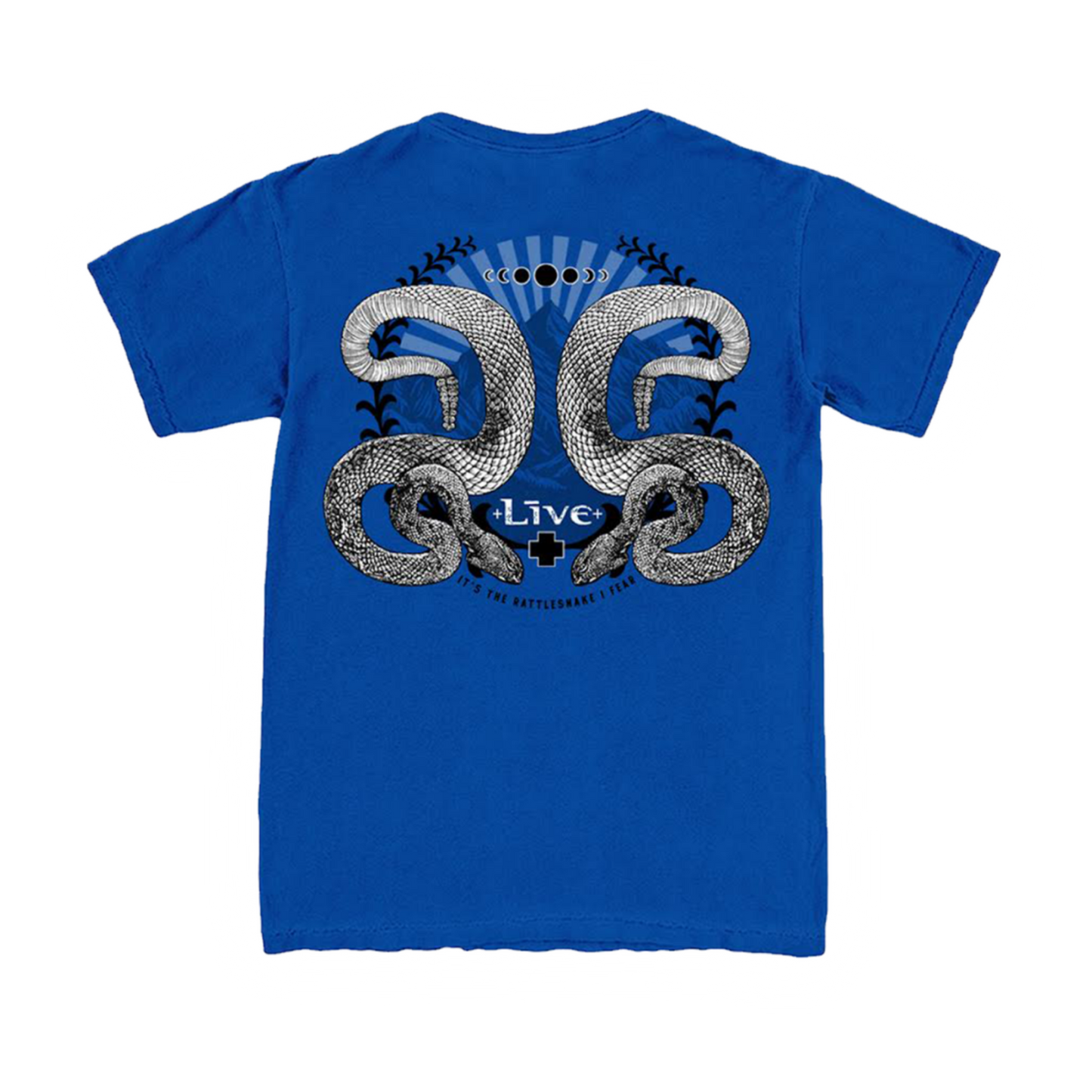 Blue t-shirt with snake design and 'Live' text on a white background
