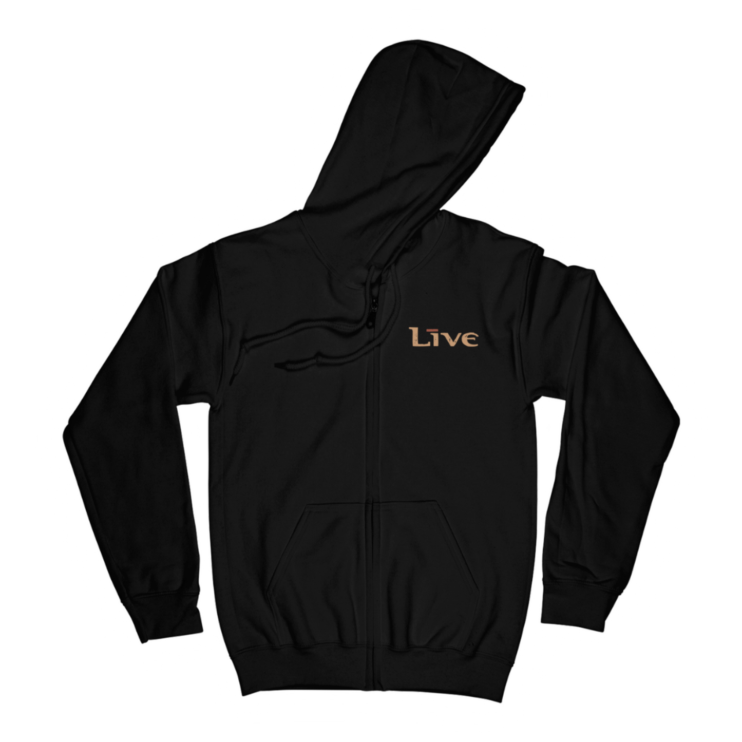 Black hoodie with 'Live' text on a white background