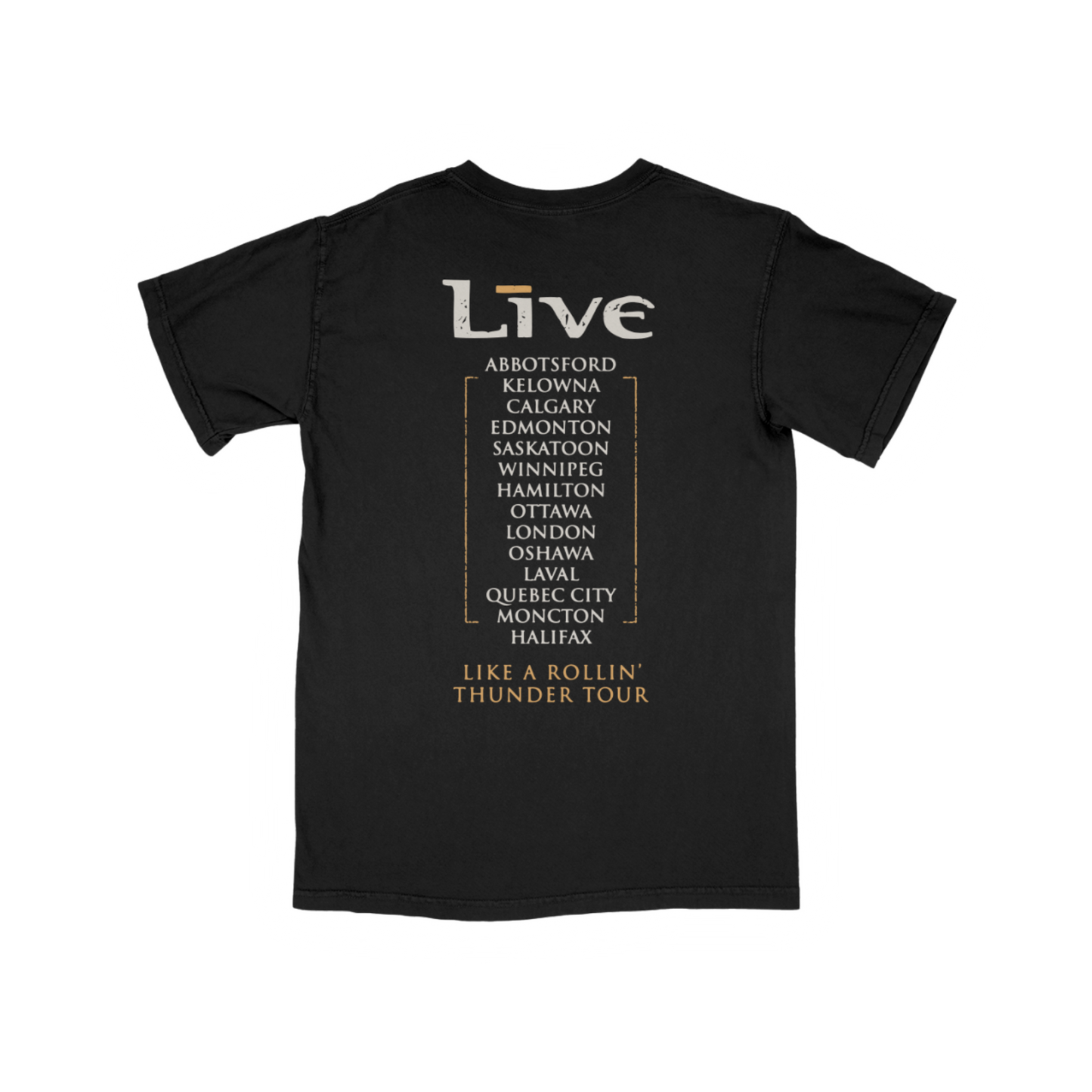 Black t-shirt with 'Live' band tour information on a white background