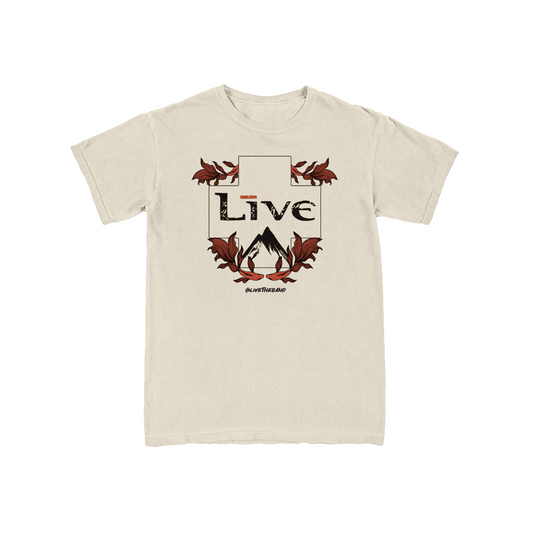 A cream-colored crew neck t-shirt with a graphic of a Betta fish design in the center.