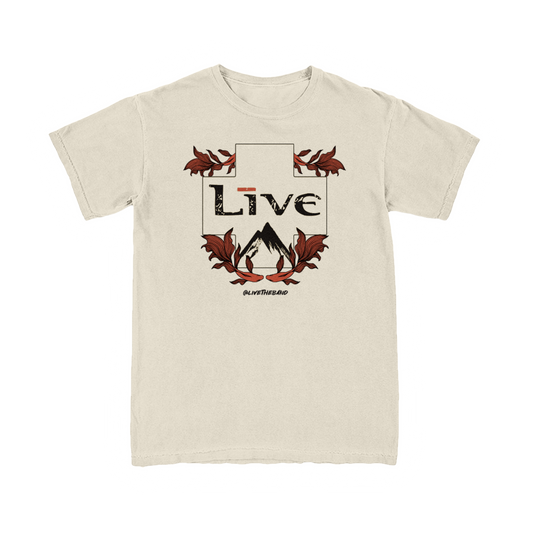 A cream-colored crew neck t-shirt with a graphic of a Betta fish design in the center.