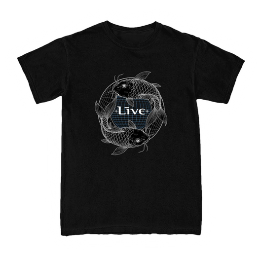 Black t-shirt with fish design and 'Live' text on a white background