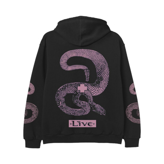Black hoodie with pink snake design and 'Live' text on the back against a white background