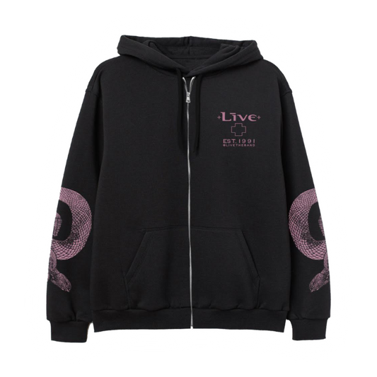 Black hoodie with pink designs on sleeves and text on chest against a white background
