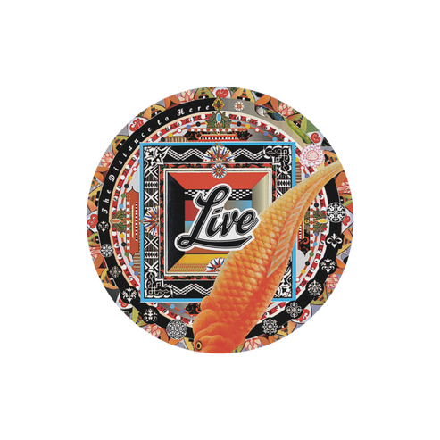 Decorative plate with a goldfish and 'Live' text on a colorful geometric background