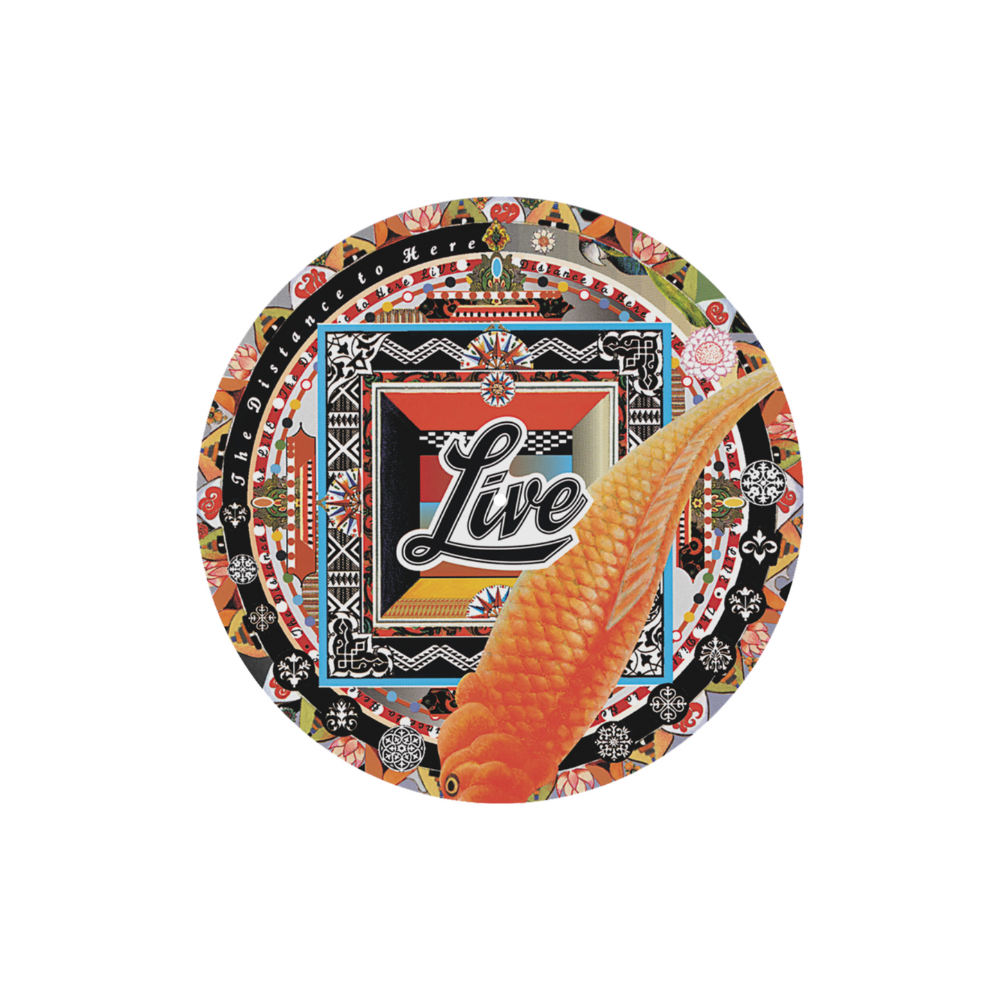 Decorative plate with a goldfish and 'Live' text on a colorful geometric background