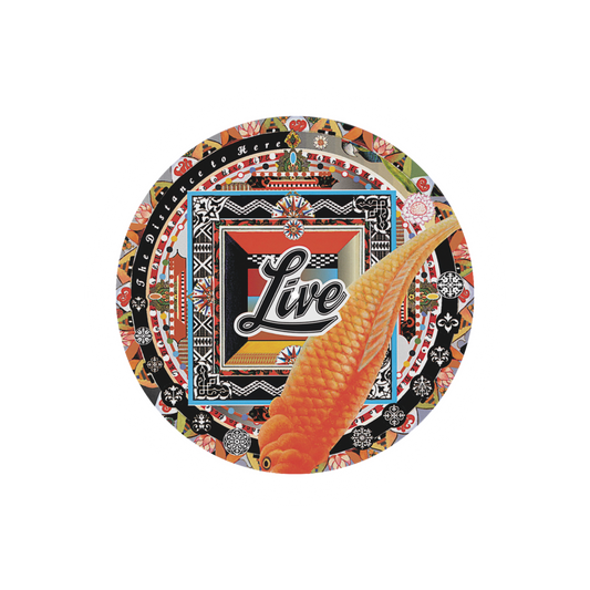 Decorative plate with a goldfish and 'Live' text on a colorful geometric background