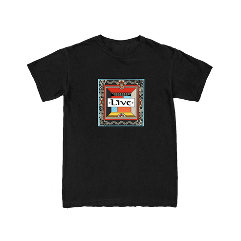 Black t-shirt with a colorful graphic design inspired by The Distance to Here album by LIVE the band