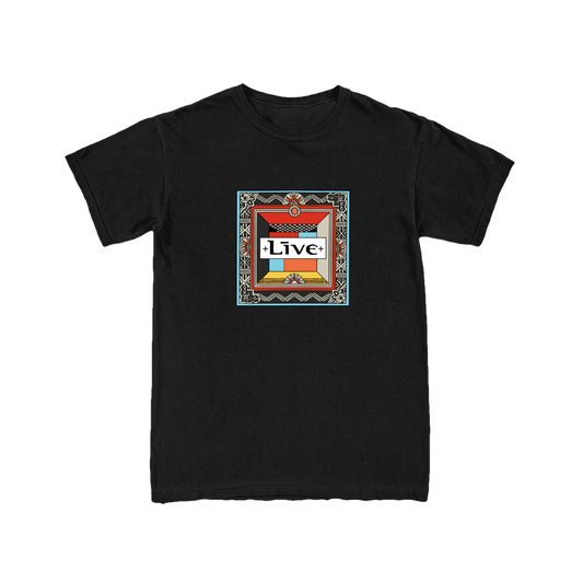 Black t-shirt with a colorful graphic design inspired by The Distance to Here album by LIVE the band