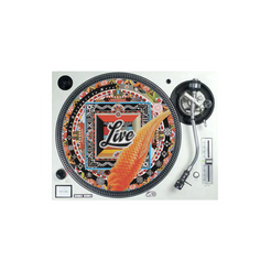 Turntable with a decorative slipmat featuring a The Distance to Here artwork and 'Live' text