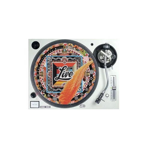 Turntable with a decorative slipmat featuring a The Distance to Here artwork and 'Live' text