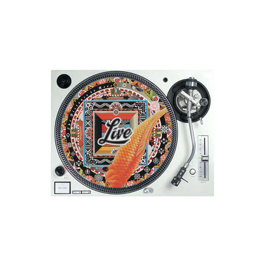 Turntable with a decorative slipmat featuring a The Distance to Here artwork and 'Live' text