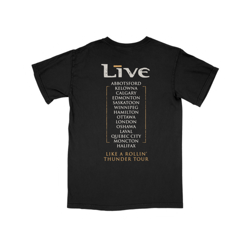 Black t-shirt with 'Live' band tour information on a white background