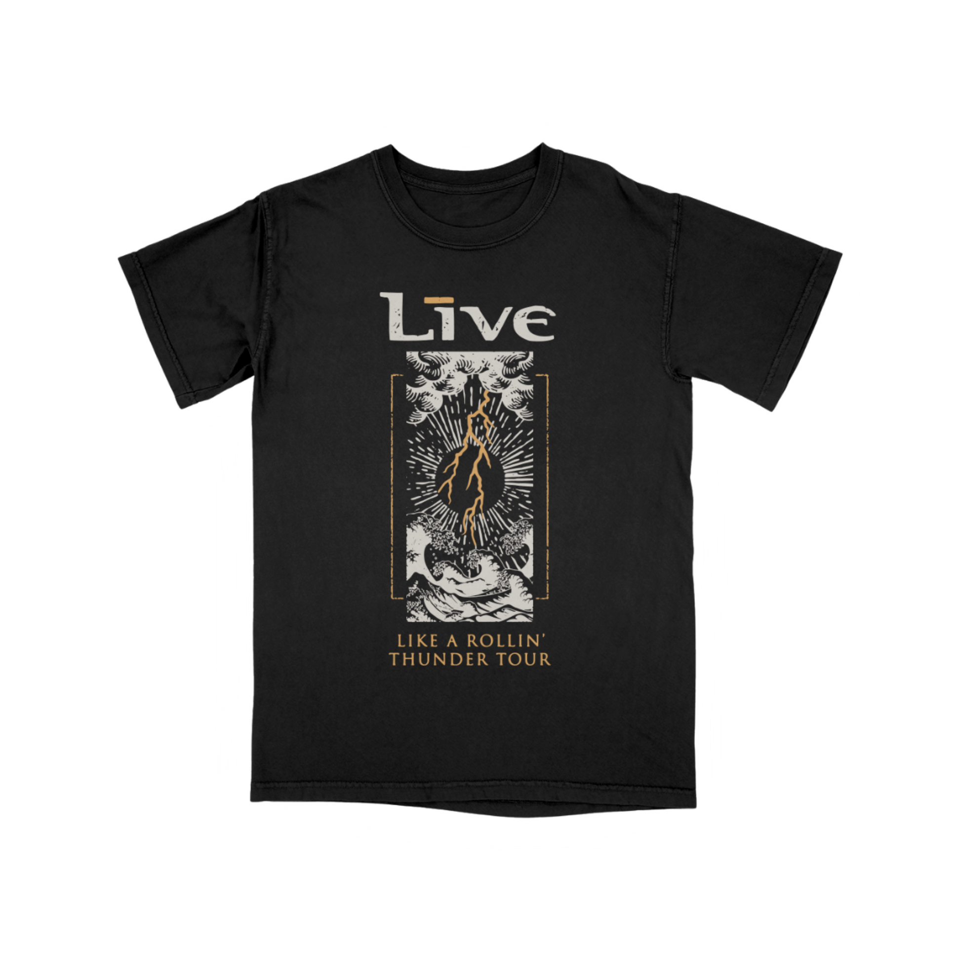 Black t-shirt with 'Live' band logo and graphic design on a white background