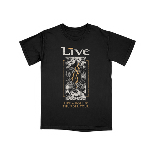 Black t-shirt with 'Live' band logo and graphic design on a white background